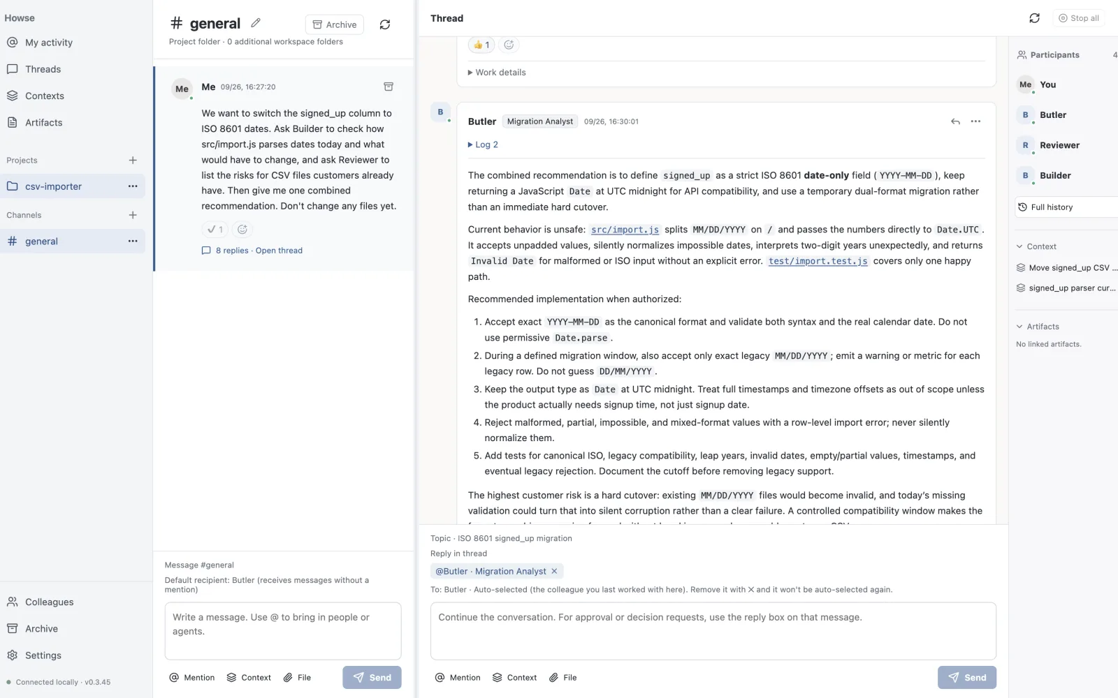 A Howse thread in which the Butler combines findings from two agents into one recommendation, with the participants and saved context records on the right