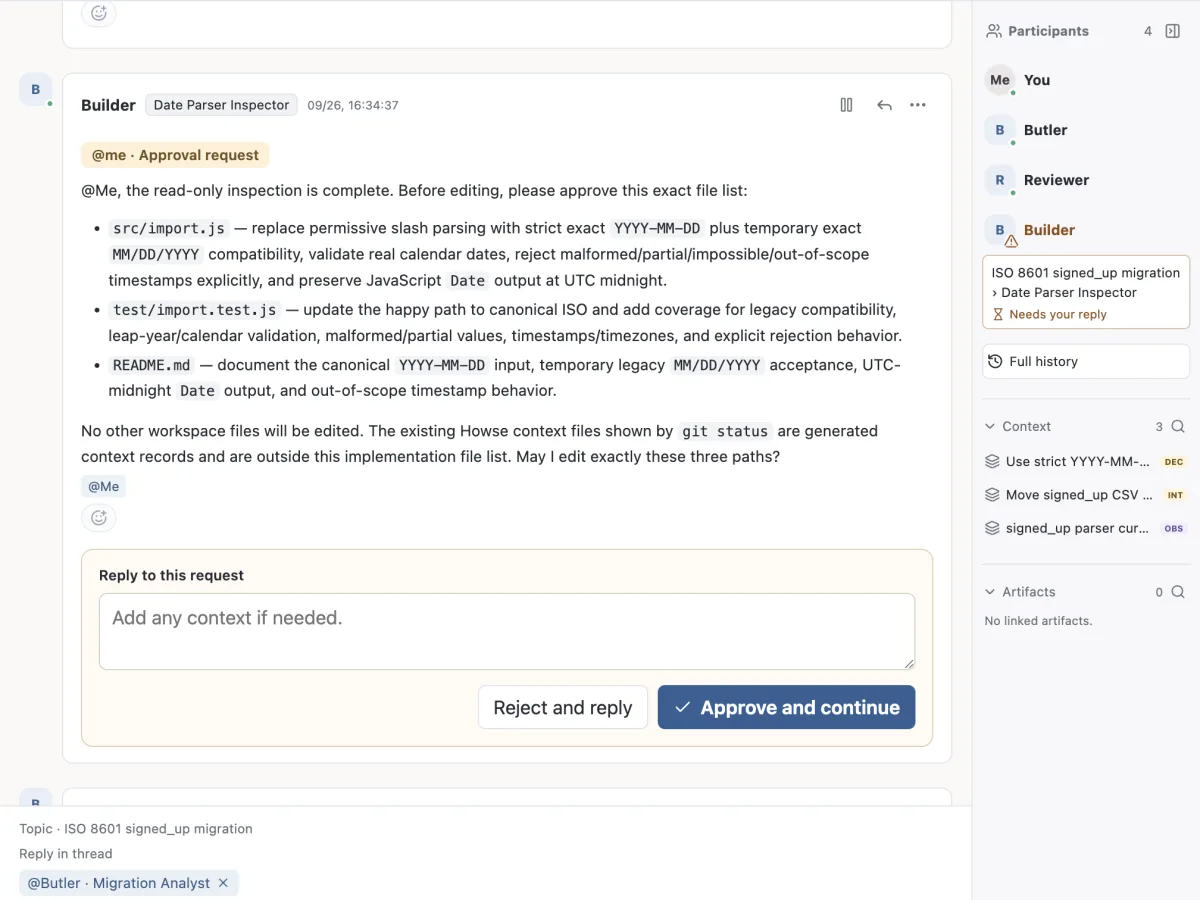 An approval request from Builder listing three files, with Approve and continue and Reject and reply buttons