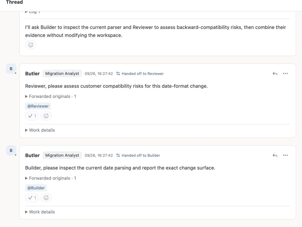 A thread where the Butler hands the task to Reviewer and to Builder